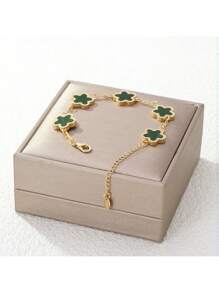 1pc Colorful Shell Inlaid Clover Charm Flower Chain Bracelet, Fashionable & Elegant For Women & Girls