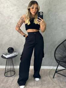 Women's Tailored Cargo Pants With Side Pockets - 黑色 - 查看 3