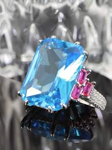 1pc Women's Engagement Ring, S925 Silver Plated 18K Gold, Luxury Square Cut Synthetic Aquamarine Ring, Suitable For Brides Engagement Wedding Jewelry - Silver - View 5