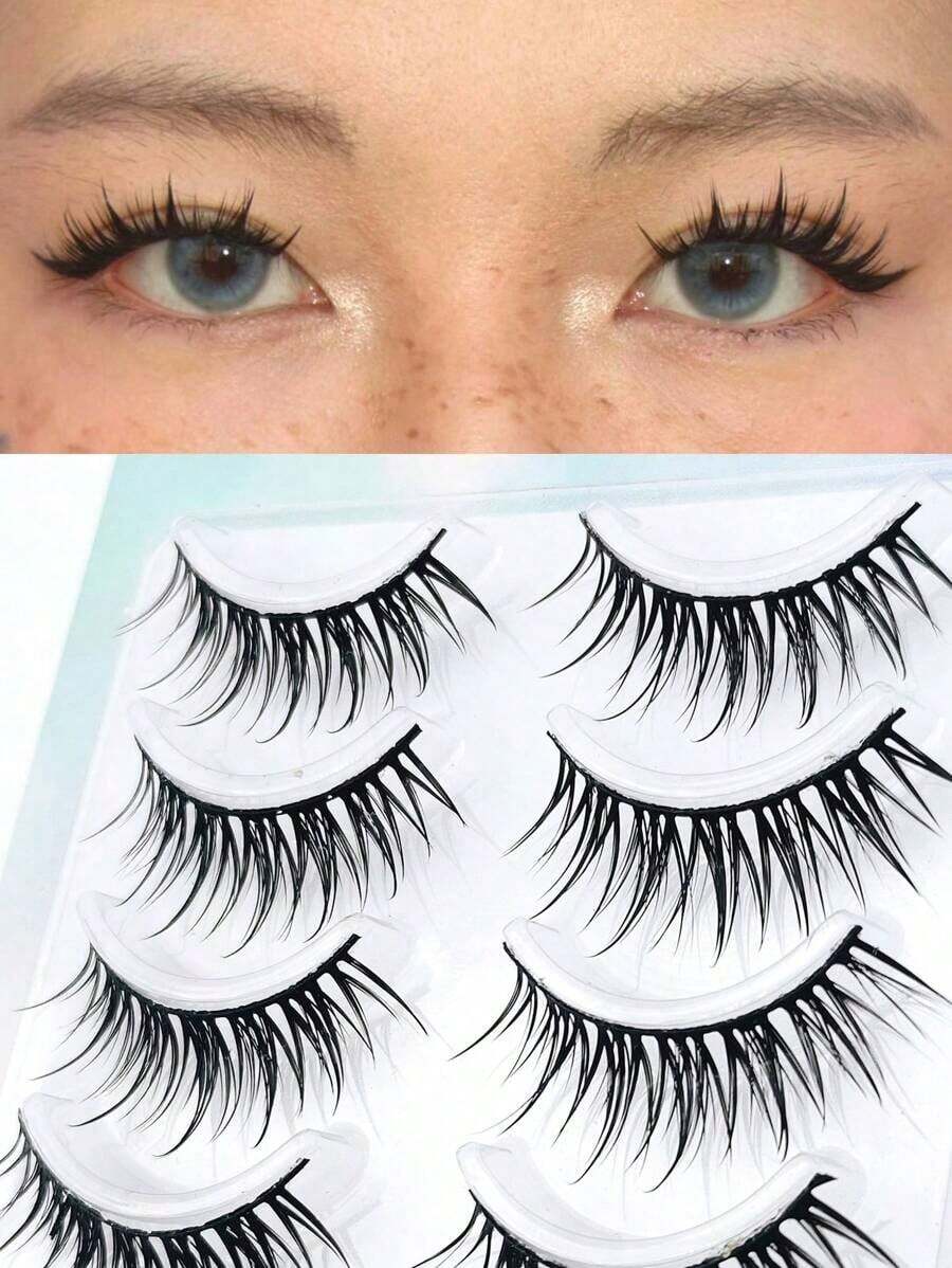 5pcs Cartoon Style False Eyelashes, One Piece Eyelash Extensions With Transparent Natural Look, Dense & Curly Design, Suitable For Beginners, Reusable - 尖刺漫畫睫毛 2 - 查看 1