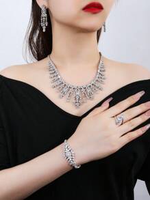 4pcs Set Silver Fashional Cubic Zirconia Necklace Earrings Bracelet Open Ring, Elegant For Ladies Everyday Wear