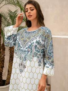 Middle Eastern Dress Abaya New Muslim Dress Retro Print Dress Slim Fit Round Neck Robe