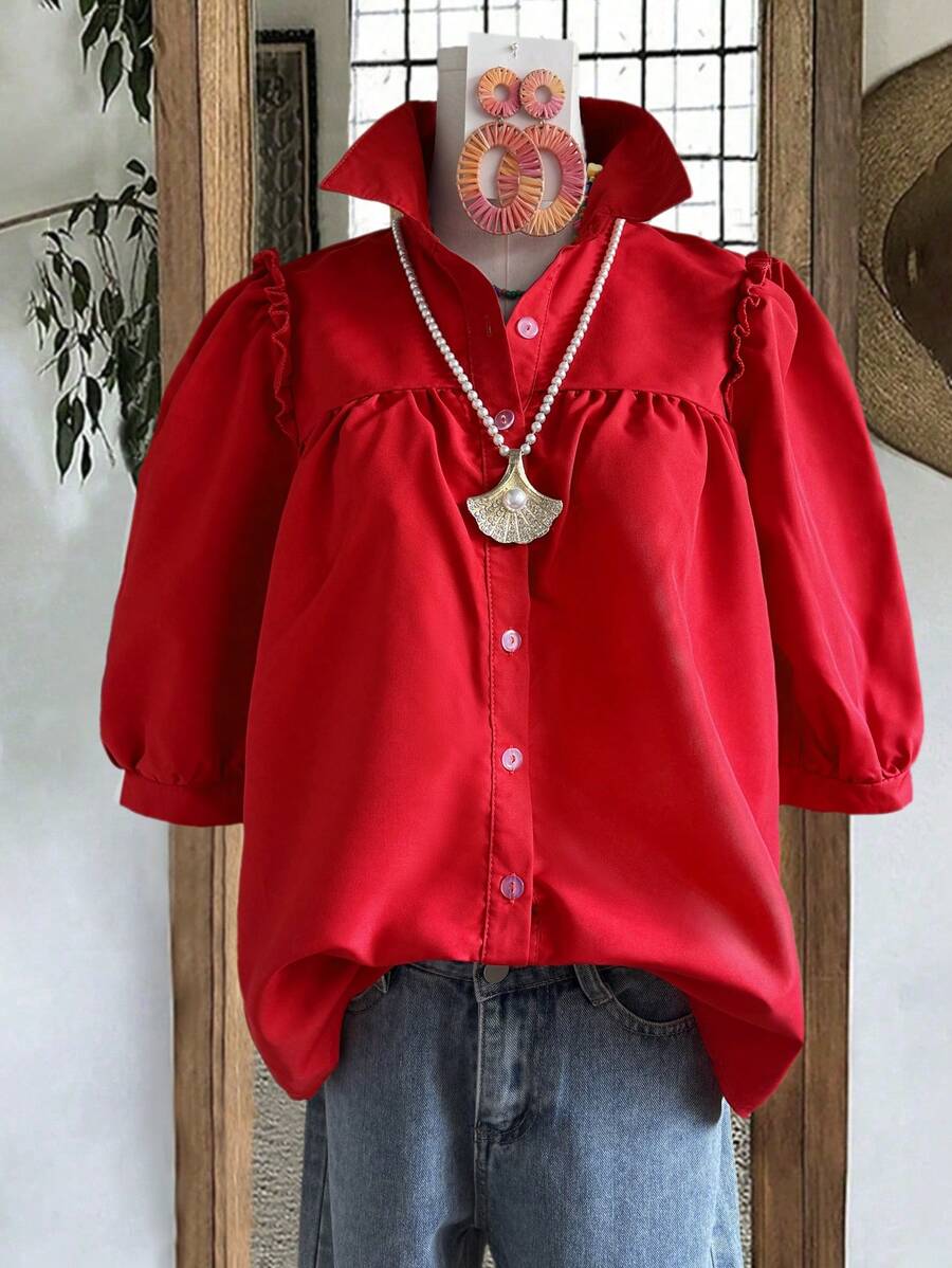 Women's Spring Summer Casual Holiday Solid Colour Shrink Pleated Wooden Earring Button Loose Cardigan Short Sleeve Shirt