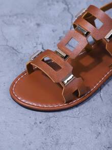 Sandali piatti da donna, in stile boho con colore unito, in pelle sintetica (PU) con fibbia, adatti per spiaggia, matrimonio, festa, ufficio, casa e attività all'aperto in estate