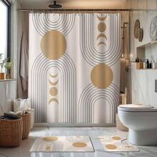 4 Stücke Boho Gold Sonnenmuster Badezimmer Set - Duschvorhang, Badematte, U-förmiger Toilettendeckel, wasserdichter Duschvorhang, modischer dekorativer Vorhang, moderne Stil Badezimmer Trennvorhang, ohne Bohren erforderlich, waschbarer Polyester Schulanfang Badezimmer Dekoration