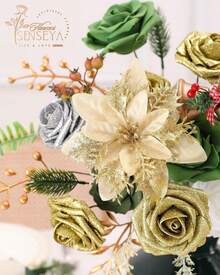 Artificial Flowers Combo, Champagne Silk Roses, Peonies, Dahlias With Stems For DIY Wedding Bouquets, Baby Shower, Table Centerpieces, Home Decor, Fake Floral Arrangements, Party Decorations - 金色 銀色 綠色 - 查看 2