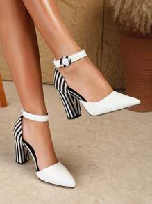 Elegant Women's High Heels - Fashionable Pointed Toe Dress Shoes With Ankle Strap, Suitable For Wedding And Party, Contrast Color High Heels With Striped Zebra Pattern, PU Leather, Party Wear