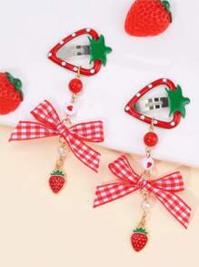 2 piezas Pinzas para el cabello con lazo estilo Y2K con diseño de cerezas y fresas para niñas, pasador de cabello con cinta a cuadros rojos retro, accesorios kawaii para el cabello con diseño floral y de frutas, para fiesta de San Valentín, Navidad, primavera y verano, festivales