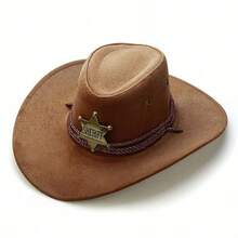 1pc Unisex Retro Western Cowboy Hat, Bronze Hexagon Star Decor, Soft Hat, Outdoor Party Hat, Suitable For Outdoor Riding, Travel, Photography, Sun Protection, Spring/Summer - Vintage Star Cowboy Hat - View 4