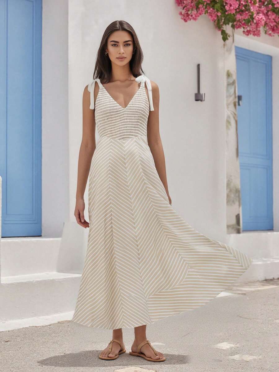 Women Slip Dress, Sleeveless V-Neck Stripes Dress Tie-Up Summer Long Dress For Daily Party