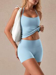 NcmRyu 1 Bộ đồ thể thao tập yoga, tennis, bóng chày, golf, áo ba lỗ và quần short cho nữ - Màu xanh lam - Xem 7