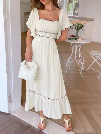 PoPoHouse 女士连衣裙夏季度假休闲撞色荷叶边泡泡袖半身裙