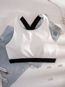 1pc Women's Solid Color Comfortable Sport Bra With Elegant Lace Back Detail