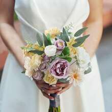 Artificial Flowers Combo, Champagne Silk Roses, Peonies, Dahlias With Stems For DIY Wedding Bouquets, Baby Shower, Table Centerpieces, Home Decor, Fake Floral Arrangements, Party Decorations - White&purple - 查看 2