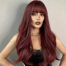 26inch Wine Red Wavy Long Hair With Bangs; Elegant And Noble; Soft Hair Quality; Mother's Day Gift And Party Event