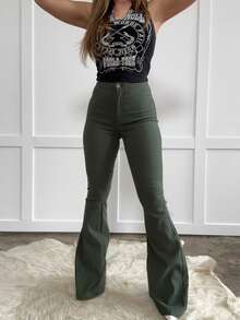 Women's Fiona High Waist Stretch Flare Jeans, Country Concert Outfit, Casual Style For Festivals, Parties & Summer Looks -  Olive - Green - View 2
