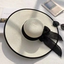 1 pièce Chapeau de soleil de plage élégant à nœud papillon blanc et ondulé pour femme, protection contre le soleil pour les vacances