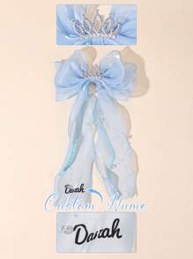 1 Stück individuell gestaltete blaue Mesh-Haarschleife für Mädchen, personalisierte Namenenschleife, Haarspangen mit glitzernder Strass-Krone, Quasten-Dekor, elegante Prinzessin Haarstyling-Clips, Sommer-Haarspangen, Kinderhaar-Accessoires