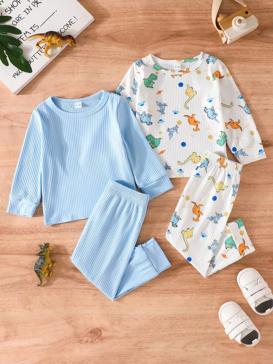 Bộ quần áo thun dài tay in hình khủng long/màu trơn mùa thu cho bé trai, phong cách giản dị, phong cách đi học - Nhiều màu - Xem 1