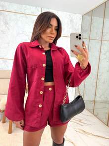Simple Elegant Casual Linen Pocket Shirt Short Set Women Winter Summer - 酒紅色 - 查看 3