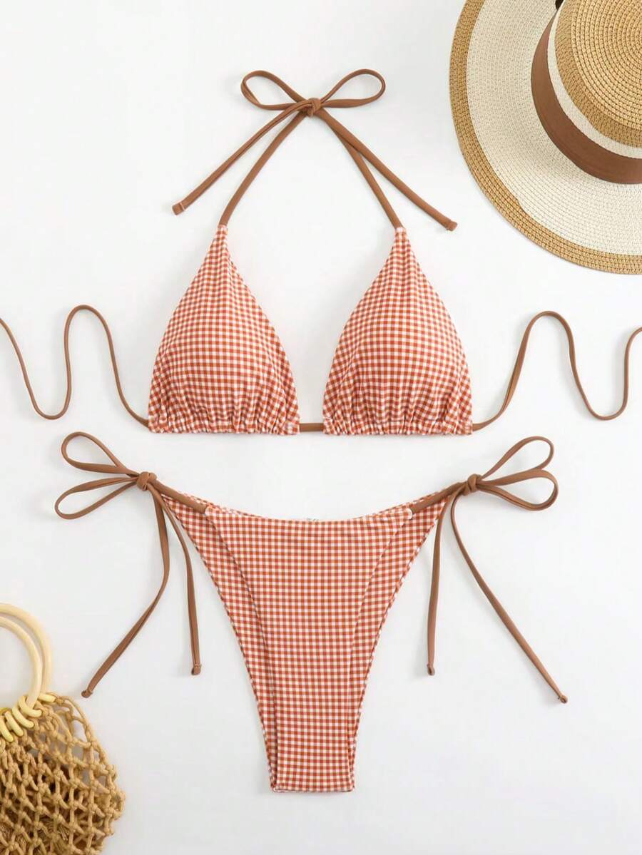 Bộ đồ bơi bikini in họa tiết kẻ sọc xanh trắng mới 2025 dành cho nữ, phong cách Châu Âu và Mỹ - Cà phê nâu - Xem 1