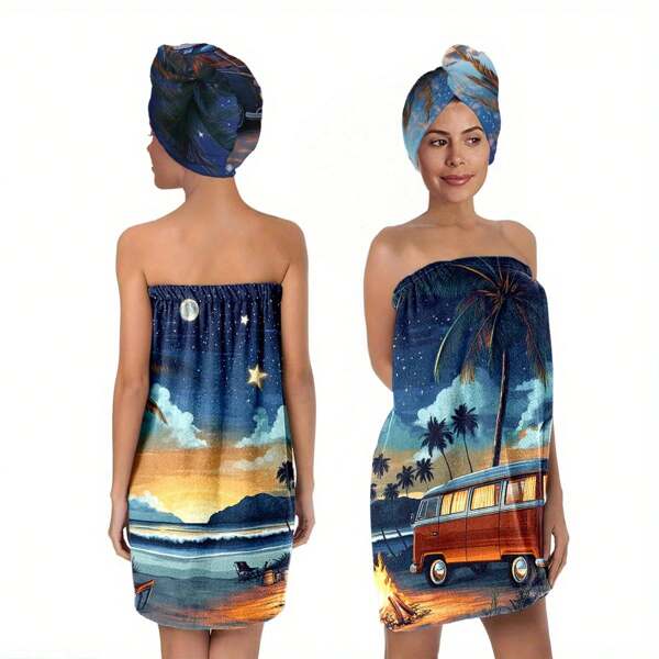 2pcs/Set Women's Bath Skirt And Shower Cap Set Super Soft Adjustable Ladies' Bathrobe - Multifunctional Wearable Towel Dress,Sunset Beach Print Pattern,Absorbent Bath Towel Home Sexy Strapless Bath Skirt, Dry Hair Cap Set,Suitable For Bathroom,Shower, Spa, Sauna And Beach Back To School