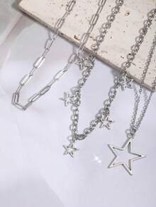 3pcs Gothic Style Hollow Star Pendant Necklace Set, Vintage Silver Color Star Necklace, Fashion Versatile Jewelry For Women - Silver - View 2