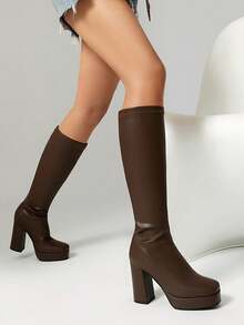 Women's Thick Heel Thigh High Boots, Square Toe High Shaft Dress Boots, Versatile For Autumn/Winter - Brown - View 2