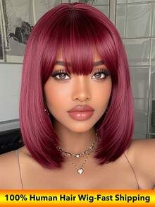 100% Brazilian Human Hair Wig Burgundy 99j Color Straight Bob Wig With Bangs Machine Made Wig Natural Color Human Hair Wigs Short Bob Fringe Wigs For Women - Màu Đỏ Sâu - Xem 1