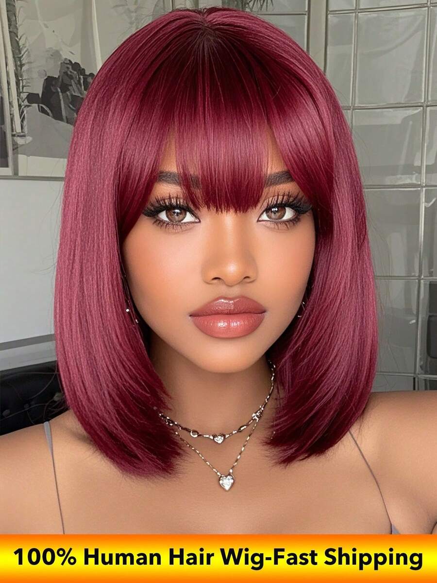 100% Brazilian Human Hair Wig Burgundy 99j Color Straight Bob Wig With Bangs Machine Made Wig Natural Color Human Hair Wigs Short Bob Fringe Wigs For Women - Màu Đỏ Sâu - Xem 1