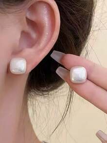 1 对时尚经典欧式天然淡水珍珠耳钉，优雅纹理耳环 - 白色 - 查看 8