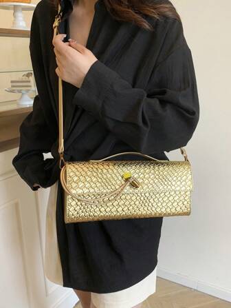 2025 New Woven Texture Shoulder Baguette Bag, Unique Upscale Horizontal Clutch, Crossbody Versatile