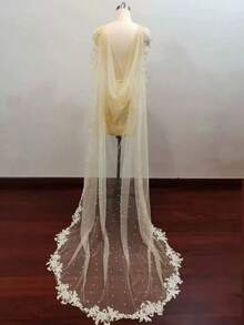 欧美新娘蕾丝手工串珠珍珠新娘婚纱，配有可拆卸拖尾和肩披，适合女性的百搭秋季服装 - 香檳色 - 查看 6