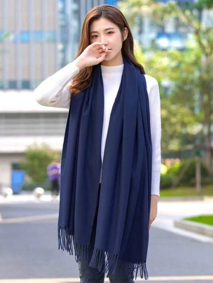 MilyModa Plain Cashmere Scarf 150g With Fringes - Azul Marino - Ver 1