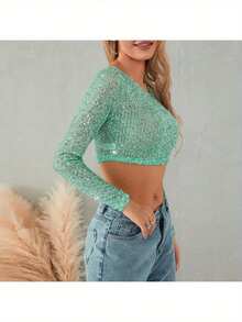 Blusas de fiesta para mujer con mangas largas, cuello redondo, llenas de lentejuelas brillantes y destellos - azul - Ver 6