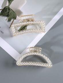 2pcs Elegant Semi-Circle Square Pearl Hair Clips, Gentle Lady Half-Up Hair Claw Clips For Ponytail, Bun, High-Sense Everyday, Party, Meeting, Valentine's Day, Thanksgiving, Birthday, Graceful Versatile Hair Accessory Fashion Hair Accessories - 2pcs Semicircle + Square - View 11