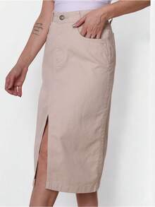 New Women's Slit Denim Skirt With Belt - Beige - View 4