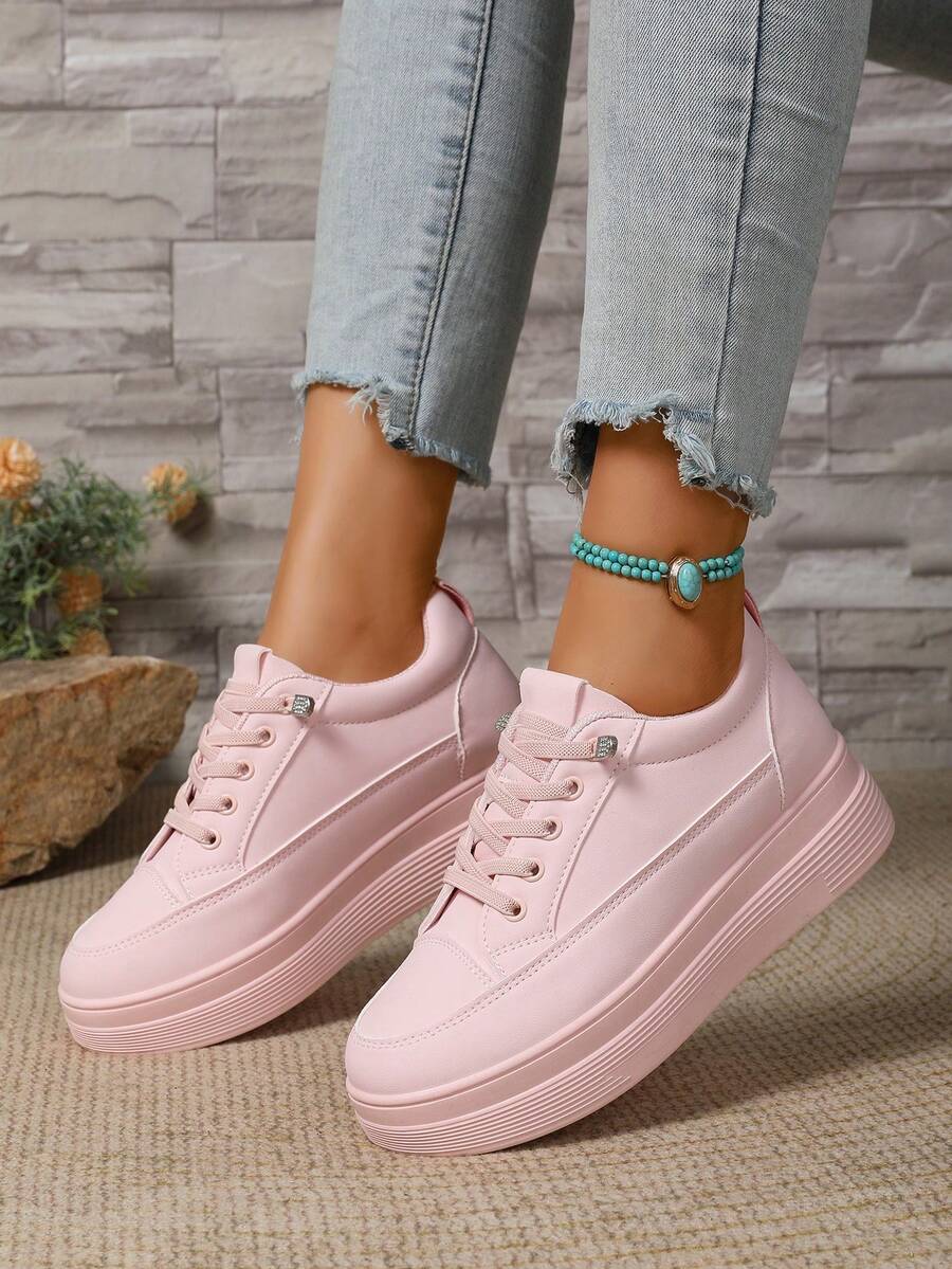 春秋时尚粉色厚底休闲圆头一脚蹬运动鞋，学院风