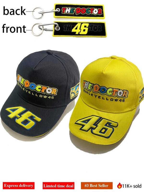 2 stuks/1 stuk Nieuwe Y2K-stijl Hard Top 46 Race Team Geborduurde Motorfiets Track Outdoor Casual Zonneklep Verstelbare Baseballpet, Sleutelhanger, Geschikt voor Mannen & Vrouwen Alle Seizoenen Dagelijkse Draagkleding