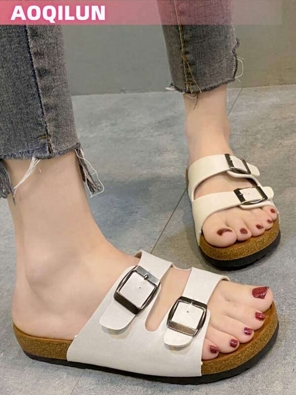 aoqilun [Aoqilun] Women's Black And Gold Double Buckle Slide Sandals - Comfortable Open-Toe Summer Shoes With Soft TPR Soles, Suitable For Casual, Beach And Outdoor Wear, Plus Size Available, Driving Comfort Shoes, Durable Comfortable Shoes