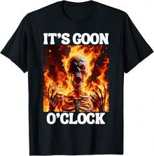Gooning O'Clock Funny Cringe Hard Skeleton Meme Flames Soft Cotton Classic Cotton T-Shirt - 黑色 - 查看 1