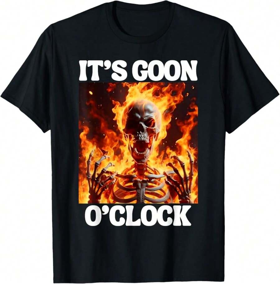 Gooning O'Clock Funny Cringe Hard Skeleton Meme Flames Soft Cotton Classic Cotton T-Shirt - 黑色 - 查看 1