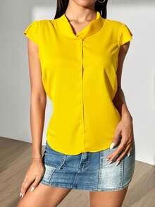 Blusa mujer dama manga corta cuello alto diseño elegante detalle espalda corte moderno mangas cortas ajuste cómodo ideal ocasiones casuales tela suave ligera transpirable - Amarillo Mostaza - Ver 3
