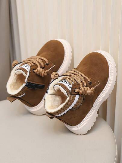 A Pair Of Children's Snow Boots For Autumn And Winter, New Lace Up Zipper Design, Thick And Warm, Lightweight And Fashionable Outdoor Snow Boots