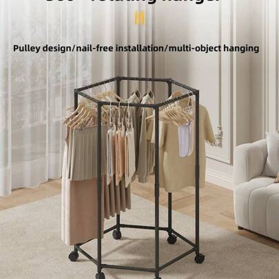 حامل ملابس دوار قائم ، رف ملابس قابل للتعديل بسيط مع عجلات للغرفة والشرفة، سهل التجميع