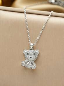 1pc Sweet Cute Iced Out Cubic Zirconia Bear Pendant Stainless Steel Necklace For Teen Girls Fashion Winter Holiday Party Christmas Decor Jewelry For Daily Life