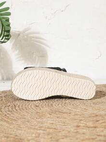 Woven Thick-Sole Women's Chunky Heel Sandals, Open Toe Elegant Comfortable Slip-On Flat House Slippers - Black - View 4