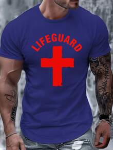LIFEGUARD With Red Cross 180g Pure Cotton Men's T-Shirt,Comfort Fit, Homme Street Life  Graphic Tee, Daily Wear,Summer Top,School, Streetwear, Casual, Fashionable - 藍色 - 查看 1