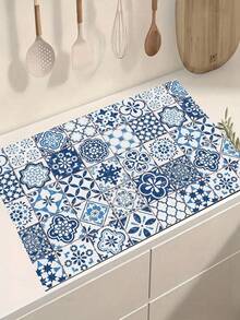 1pc Boho Style Blue Tie-Dye Pattern Non-Slip Polyester Kitchen Floor Mat, Suitable For Indoor/Outdoor, Quick Dry, Great For Entryway, Laundry Room Or Bathroom, Kitchen Decor, Coffee Machine Or Handmade Coffee Pot Dryer Mat - Multicolor - View 2