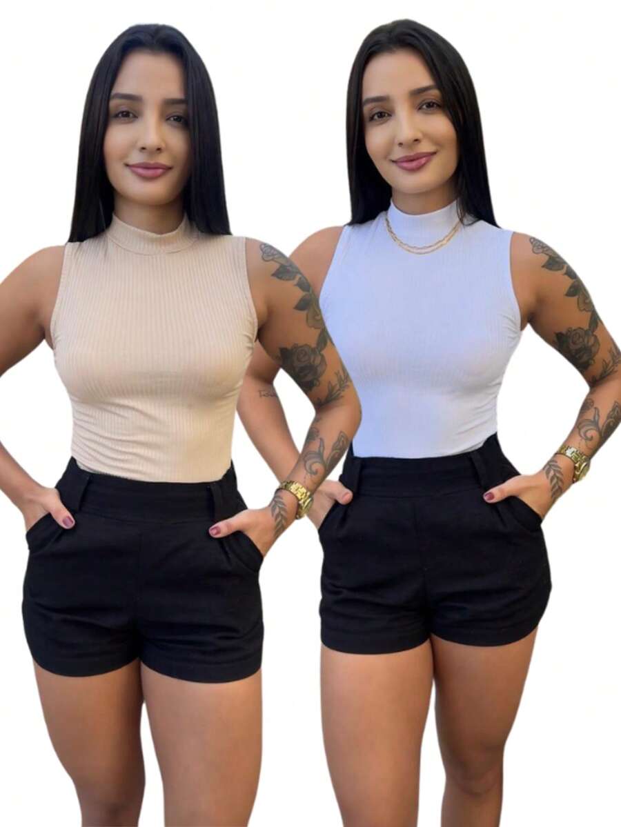 Kit 2 Women's High Neck Blouse - Blanco/Beige claro - Ver 1